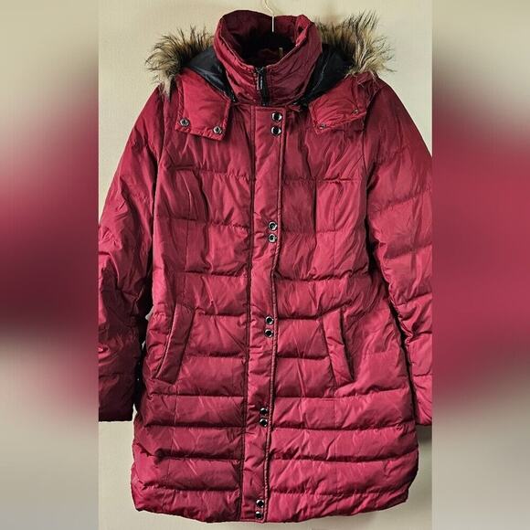 Soia & Kyo Down Puffer Coat Fur Hood Womens L Red Coat Parka Bell Sleeve Long - Picture 1 of 16
